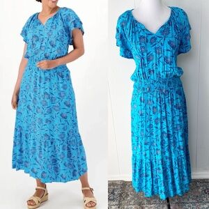 Destination 365 Reg Printed Short-Sleeve Midi Dress W/ Smocking Turquoise Sz M